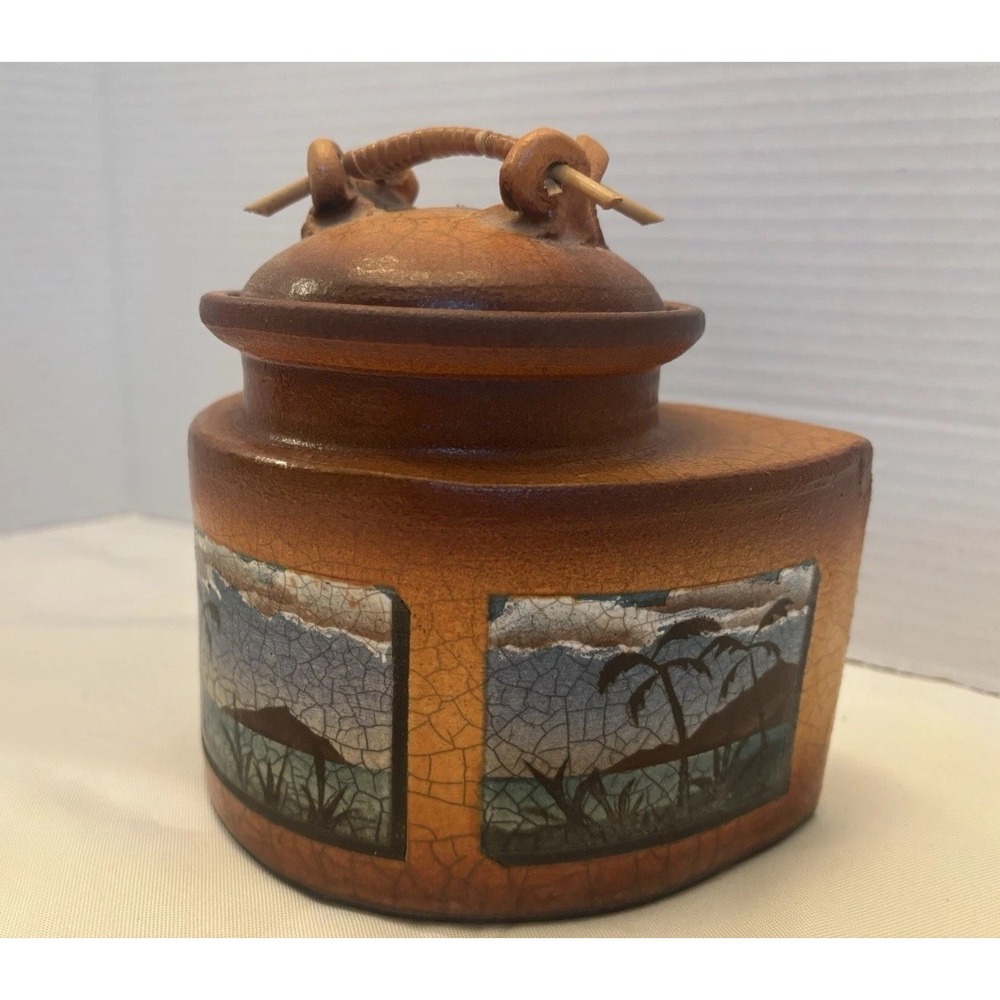 Ken Jensen Raku Pottery, Hand Shaped and Painted Covered Jar 3 Scenes , Signed